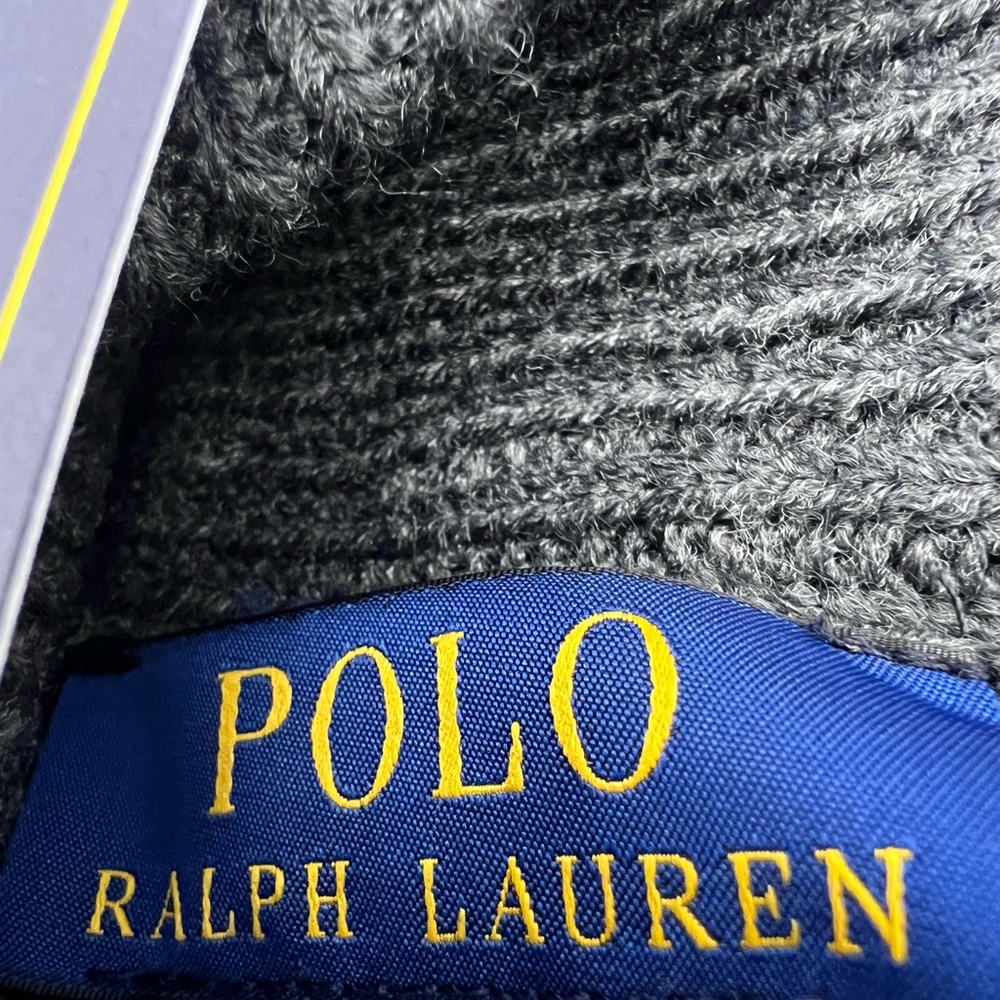POLO RALPH LAUREN GREY AND NAVY BLUE BEANIE WITH MATCHING SCARF, UNISEX - Picture 14 of 14